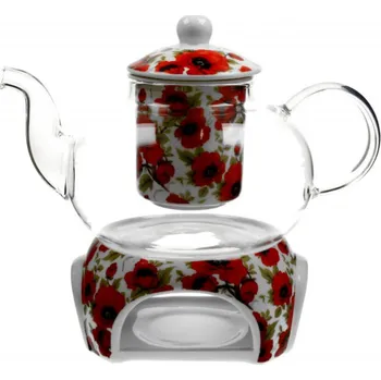 Filtrační konvice DUO Gifts DG - Skleněná konvice s ohřívačem na čajovou svíčku LINA, Vlčí mák v dárkové krabičce - 1000 ml