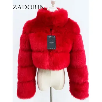 Dámská parka Krátký kožich crop se stojáčkem a dlouhým rukávem Barva: Červená, Velikost: 2XL