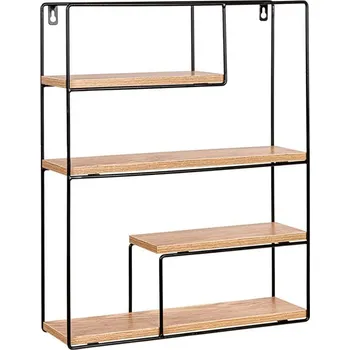 police Závěsná nástěnná polička dekorativní obdélníková, kovový rám + světlé dřevo, 40x49,5x11,5 cm