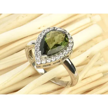 Prsten Prsten vltavín a zirkony kapka 11x8mm vel.54 Ag 925/1000 checker brus 3,8g