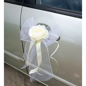 Svatební dekorace Mašlička dekorační bílá s LUX růžičkou - 2ks - krémová