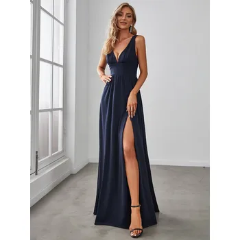 Dámské šaty Maxi šaty s hlubokým výstřihem a rozparkem Barva: Tmavě Modrá, Velikost: 2XL