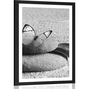 Plakát Dovido Plakát s paspartou motýl na Zen kameni v černobílém provedení