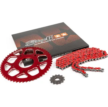 Řetězová sada 13x53 - 420 Stage6 alu CNC červená Peugeot / Rieju
