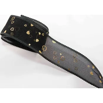 Stuha Šifónová dutinková stuha se srdíčky - černá, zlatá - šíře 4 cm