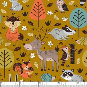 Zakázkový tisk, softshell, kočárkovina... Lesní zvířátka okr Látky k tisku: Microfirba
