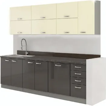 Kuchyňská linka Tempo Kondela Primula 260 cm (šedá + lesk vysoký šedý/krémový)