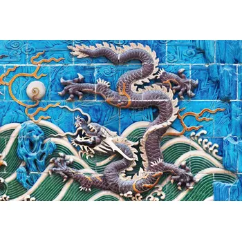 Fototapeta DIMEX | Vliesová fototapeta Dračí zeď z Beihai MS-5-1250 | 375 x 250 cm| zelená, modrá, béžová, oranžová + Vliesová fototapeta na stěnu DIMEX Dračí zeď MS51250 v rozměru 375 x 250 cm + lepidlo zdarma