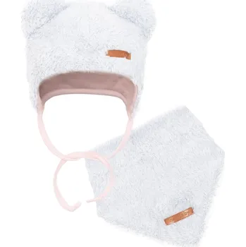 Kojenecká čepice Zimní kojenecká čepička s šátkem na krk New Baby Teddy bear šedo růžová, vel. 86 (12-18m)