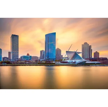 Fototapeta DIMEX | Vliesová fototapeta Centrum Milwaukee MS-5-2948 | 375 x 250 cm | modrá, oranžová, šedá + Vliesová fototapeta na stěnu DIMEX Centrum Milwaukee MS52948 v rozměru 375 x 250 cm + lepidlo zdarma