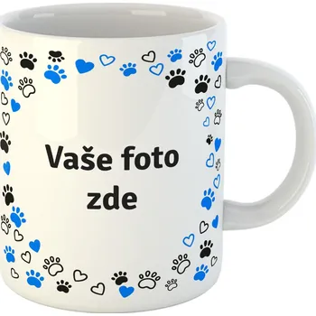 Hrneček s vlastní fotkou a tlapkami se srdíčky okolo - 330ml bílý Barva: Modrá