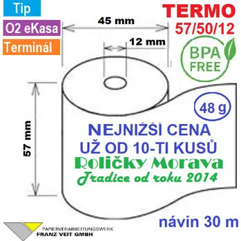 Papír Termo kotouček 57/50/12 BPA 30m (57mm x 30m) Množství: 10 ks kotoučků ve fólii