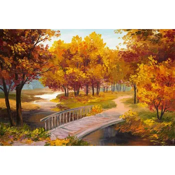 Fototapeta DIMEX | Vliesová fototapeta Malba - Podzimní les s řekou MS-5-2035 | 375 x 250 cm| zelená, žlutá, oranžová, hnědá + Vliesová fototapeta na stěnu DIMEX Malba - Podzimní les s řekou MS52035 v rozměru 375 x 250 cm + lepidlo zdarma