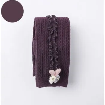 Teplé žebrované dívčí punčochové kalhoty s jemným volánkovým pruhem a ozdobou z kvítků Barva: Fialová, Velikost: L (3-5 let)