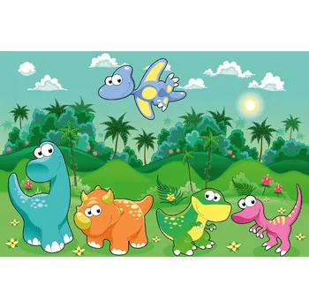 Fototapeta DIMEX | Vliesová fototapeta Dinosauři v lese MS-5-1464 | 375 x 250 cm| zelená, modrá, oranžová, růžová + Vliesová fototapeta na stěnu DIMEX Dinosauři v lese MS51464 v rozměru 375 x 250 cm + lepidlo zdarma