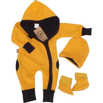 Kojenecký overall Z&Z Dětský teplákový overal s kapucí, čepičkou a botičkami hořčicový 56