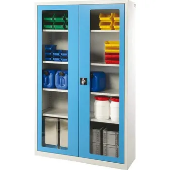 Univerzální ocelová skříň s prosklenými dveřmi, v x š x h: 1950x1200x400 mm, 4 police, barva šedá RAL7035/modrá RAL5012