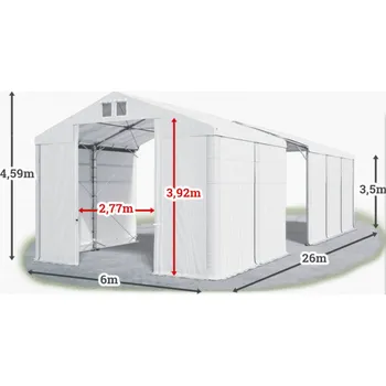 Zahradní stan Skladový stan 6x26x3,5m střecha PVC 620g/m2 boky PVC 620g/m2 konstrukce POLÁRNÍ Bílá Bílá Bílá
