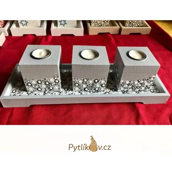 Svíčka Svícen dřevěný s podtáckem Šedá - 3 svíčky (Dřevěný ručně dekorovaný svícen na čajové svíčku s povrchovou úpravou.)