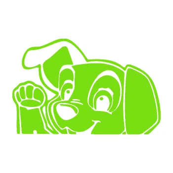 Polep vozidla Pes 177 levá mává z auta (04 - zelená kawasaki) SAMOLEPKA NA AUTO, NÁLEPKA, FÓLIE, POLEP, TUNING, VLASTNÍ TEXT, TISK, AUTOSAMOLEPKY.cz, POLEPY, OBRÁZEK, LOGO, 3D STICKERS