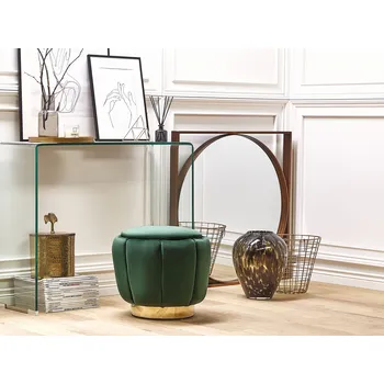 Taburet Puf Zelený Sametový čalounění Zlatý Základ ø 43 x 37 cm Podnožka Glamour styl Beliani