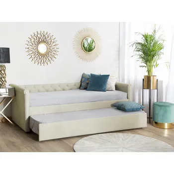 Postel Dětská výsuvná postel s béžovým rámem čalouněná látkové prošívané opěradlo 80 x 200 cm Beliani