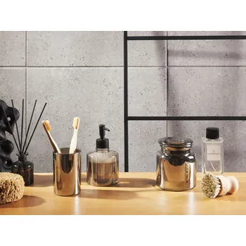 Dávkovač mýdla 3dílná sada koupelnových doplňků šedá skleněná dávkovač mýdla miska na mýdlo držák na kartáčky na zuby sklenice Beliani