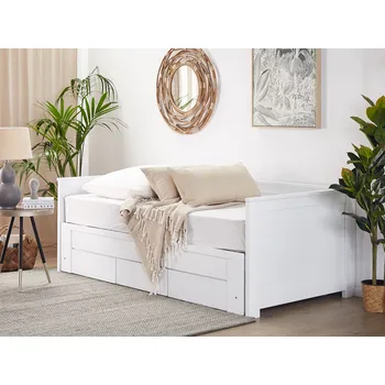 Postel postel Bílá dřevěná 90/180 x 200 cm s rámem, výsuvná přistýlka se 3 skandinávskými zásuvkami Beliani