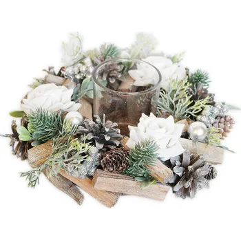 Vánoční dekorace Svícen šišky/růže/sklo pr.24cm natural/bílá (545784)