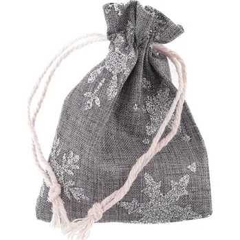 Vánoční dekorace Pytlík lněný stahovací 11x14cm, šedý s vločkami