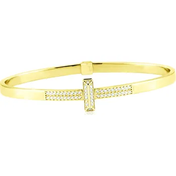 Náramek GEMMAX Luxusní obručový zlatý náramek T zdobený zirkony délka UNI 16 - 19 cm – zlatý šperk ryzosti 585/1000 v Dárkovém balení s Certifikátem GLBYB-19-02697