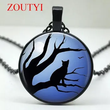 Náhrdelník Náhrdelník-kočka na větvi v modrém poli