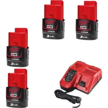 MILWAUKEE Sada akumulátoru a nabíječky M12 HDNNRG-304, 4x3.0Ah