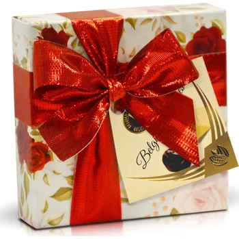 Cukrovinka Selllot, s.r.o., K Hájům 34, 155 00 Praha 5 - Vyrobeno v Belgii Belgické pralinky v krabičce s mašlí - Růžové růže s červenou mašlí 50 g