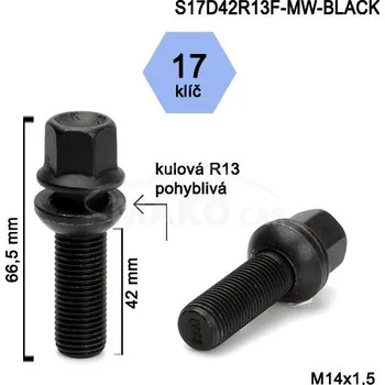 Šroubek na kolo Kolový šroub M14x1,5x29 kulová R13 pohyblivá, klíč 17 (Šroub na kola)