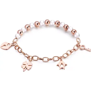 Náramek Navlékací ocelový náramek - lesklé kuličky, oválná očka, přívěsky, měděná barva