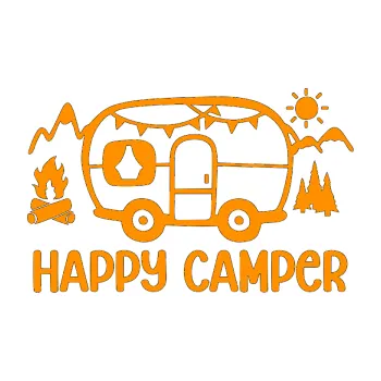 Samolepící dekorace SAMOLEPKA Happy camper 002 levá kempování s karavanem (06 - oranžová) NA AUTO, NÁLEPKA, FÓLIE, POLEP, TUNING, VLASTNÍ TEXT, TISK, AUTOSAMOLEPKY.cz, POLEPY, OBRÁZEK, LOGO, SAMOLEPKY