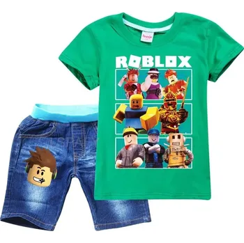 Letní set ROBLOX tričko krátký rukáv + džínové kraťasy (mix barev) Barva: zelená, Velikost: 100
