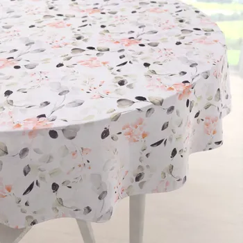 ubrus Bavlněný kulatý ubrus Sandra SA-288 Eukalyptus s růžovými květy na bílém Ø 100 cm