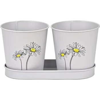 Květináč Plechový květináč šedý s kopretinou, sada 2 ks květináčků na tácku