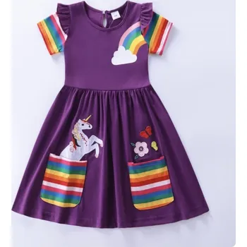 Dívčí oblečení Unicorn (Jednorožci) Dívčí jednobarevné šaty s proužky Jednorožec (Unicorn) mix barev Barva: Fialová, Velikost: 4-5
