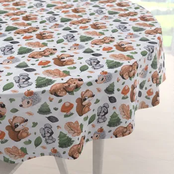 ubrus Dětský bavlněný kulatý ubrus Sandra SA-282 Veverky a lesní kamarádi Ø 100 cm