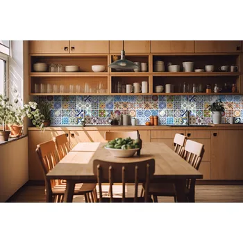 Fototapeta DIMEX | Fototapeta do kuchyně Lisabonské kachličky KI-420-244 | 420 x 60 cm | vícebarevná, hnědá, modrá + Samolepicí fototapeta za kuchyňskou linku DIMEX Lisabonské kachličky v šíři 420 cm