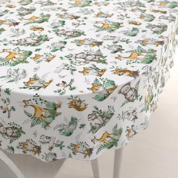 ubrus Dětský bavlněný oválný ubrus Sandra SA-459 Lesní zvířátka na bílém 50x100 cm