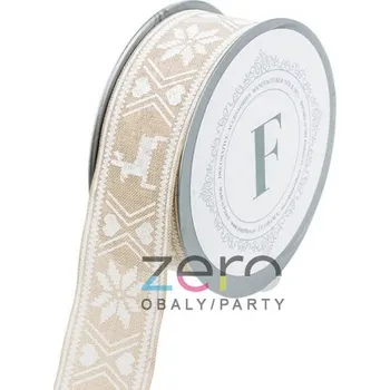 Stuha Stuha tkaná 4 cm x 5 m - sv. přírodní s bílým tiskem (Vánoce)