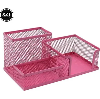 3v1 kovový organizér na stůl s drátěnou mřížkou - Růžová