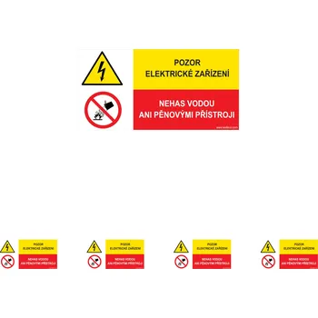 Walteco Pozor, elektrické zařízení/Nehas vodou ani pěnovými přístroji, 150x80mm, samolepka Množství: 5 ks
