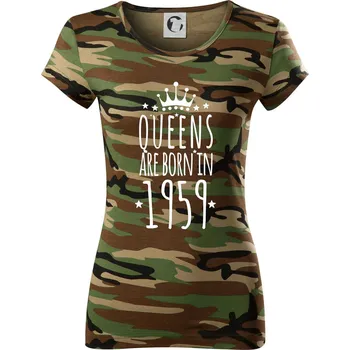 Dámské tričko Queens are born in 1959 - Dámské maskáčové triko - L ( Hnědý maskáč )