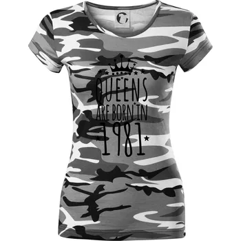 Dámské tričko Queens are born in 1981 - Dámské maskáčové triko - XS ( Šedý maskáč )