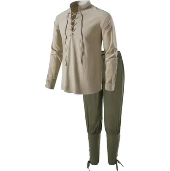 Pánský rytířský set 2v1 košile se šněrováním a kalhoty Velikost: M, Barva (Varianta): Khaki